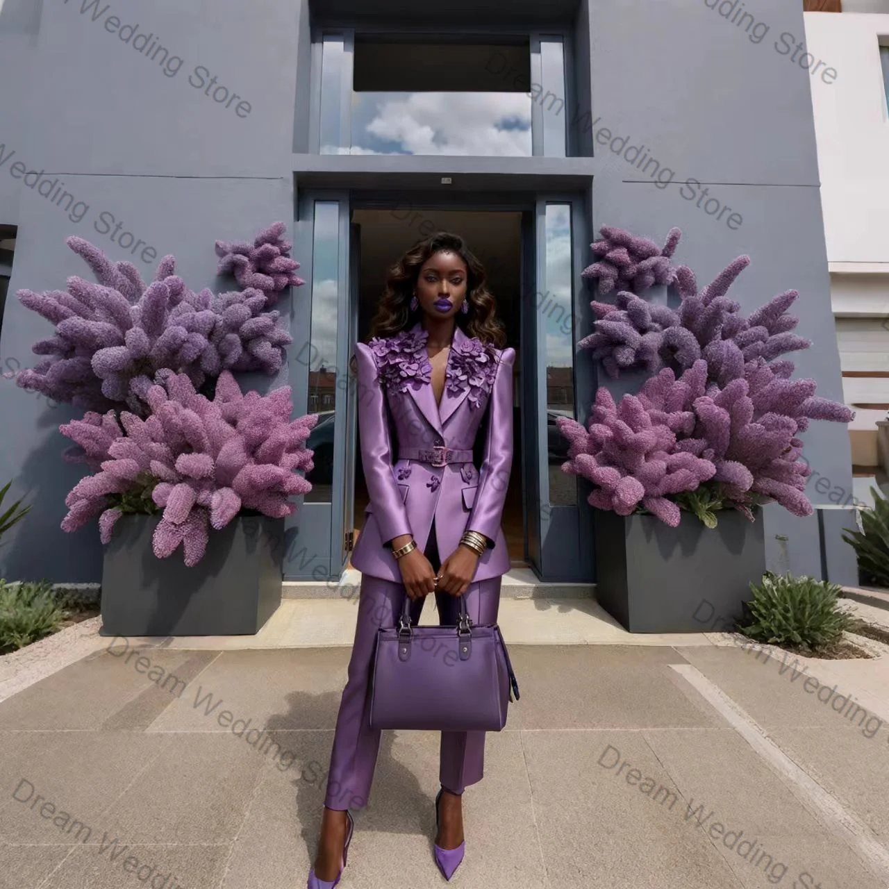 

Luxury Purple Women Suit Set 2 Pcs Blazer+Pants Belted 3D Flower Formal Office Lady Jacket Customized Wedding Guest Coat