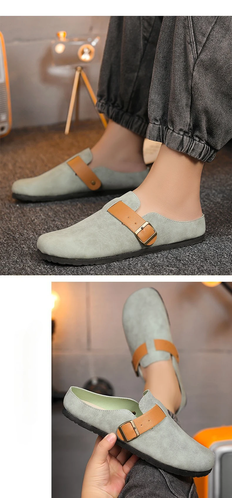 Bequeme Herren-Hausschuhe mit Lederobermaterial, Sommer-Freizeitschuhe, leicht, atmungsaktiv, für den Innen- und Außenbereich – Detail 10