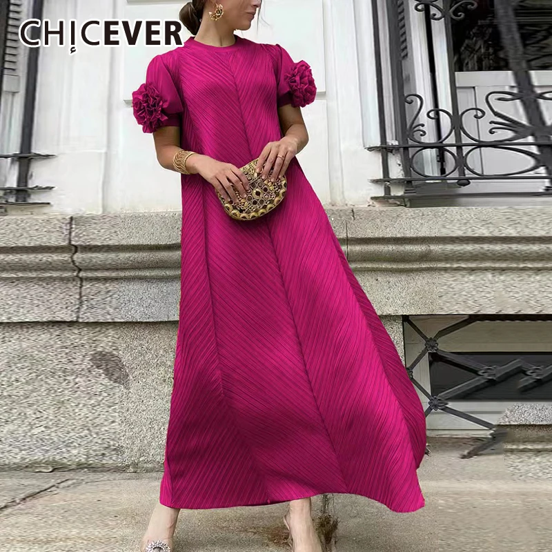 

CHICEVER Spliced Zipper Oversize Dress For Women O Neck Petal Sleeve Elegant Pleated Temperament Dresses Female Autumn Clothes