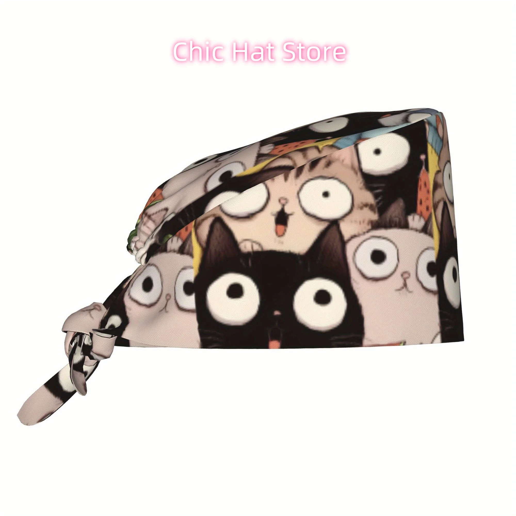 1pc Cute Cartoon Cat Print Adjustable Work Cap - Lightweight, Dustproof Skull Hat for Nurses, Chefs & Cooking Enthusiasts, Unise