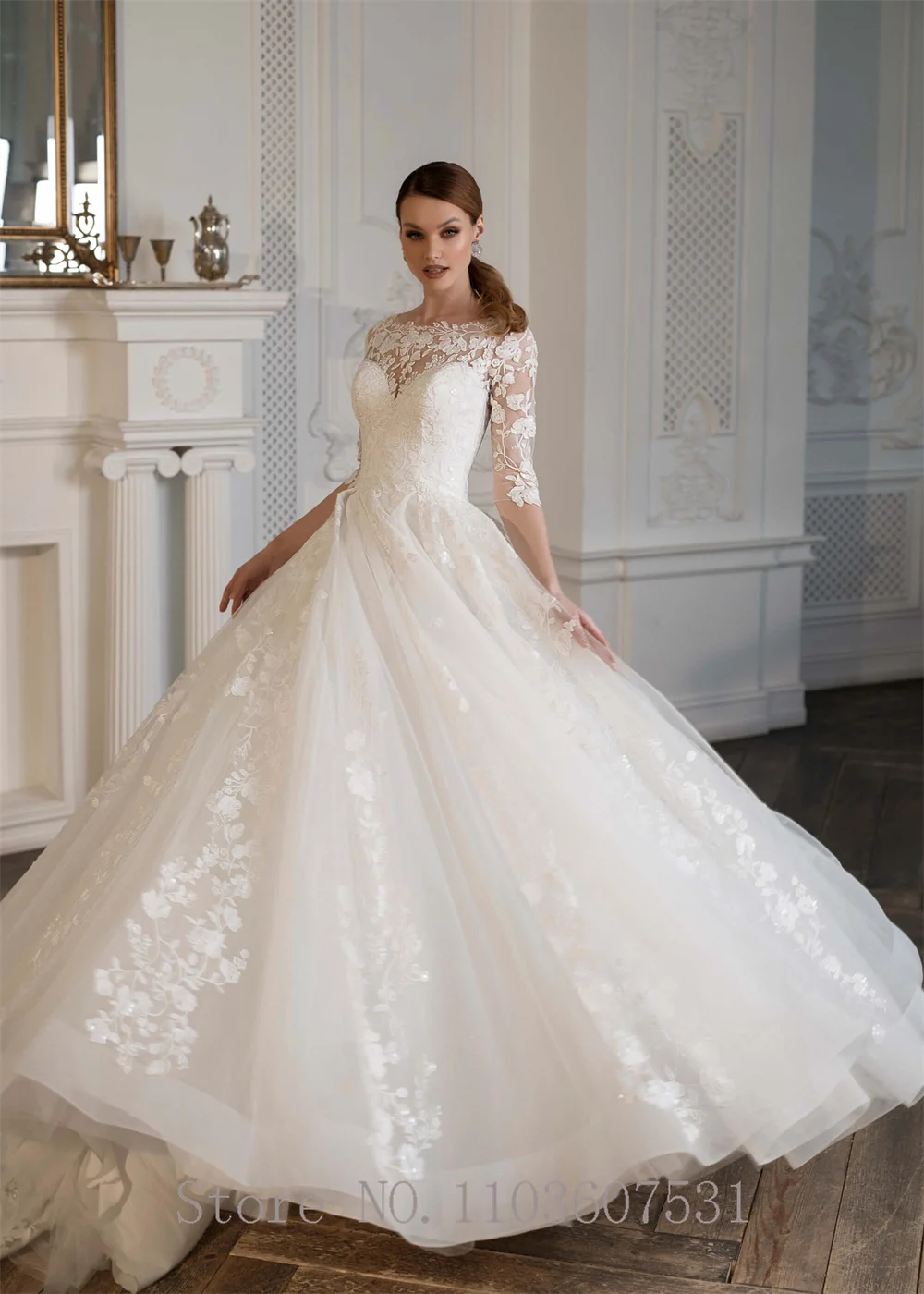 Elegante colletto da barca Applique pizzo Tulle 3/4 manica abito da sposa per le donne abito da ballo corte abito da sposa robe de mariée