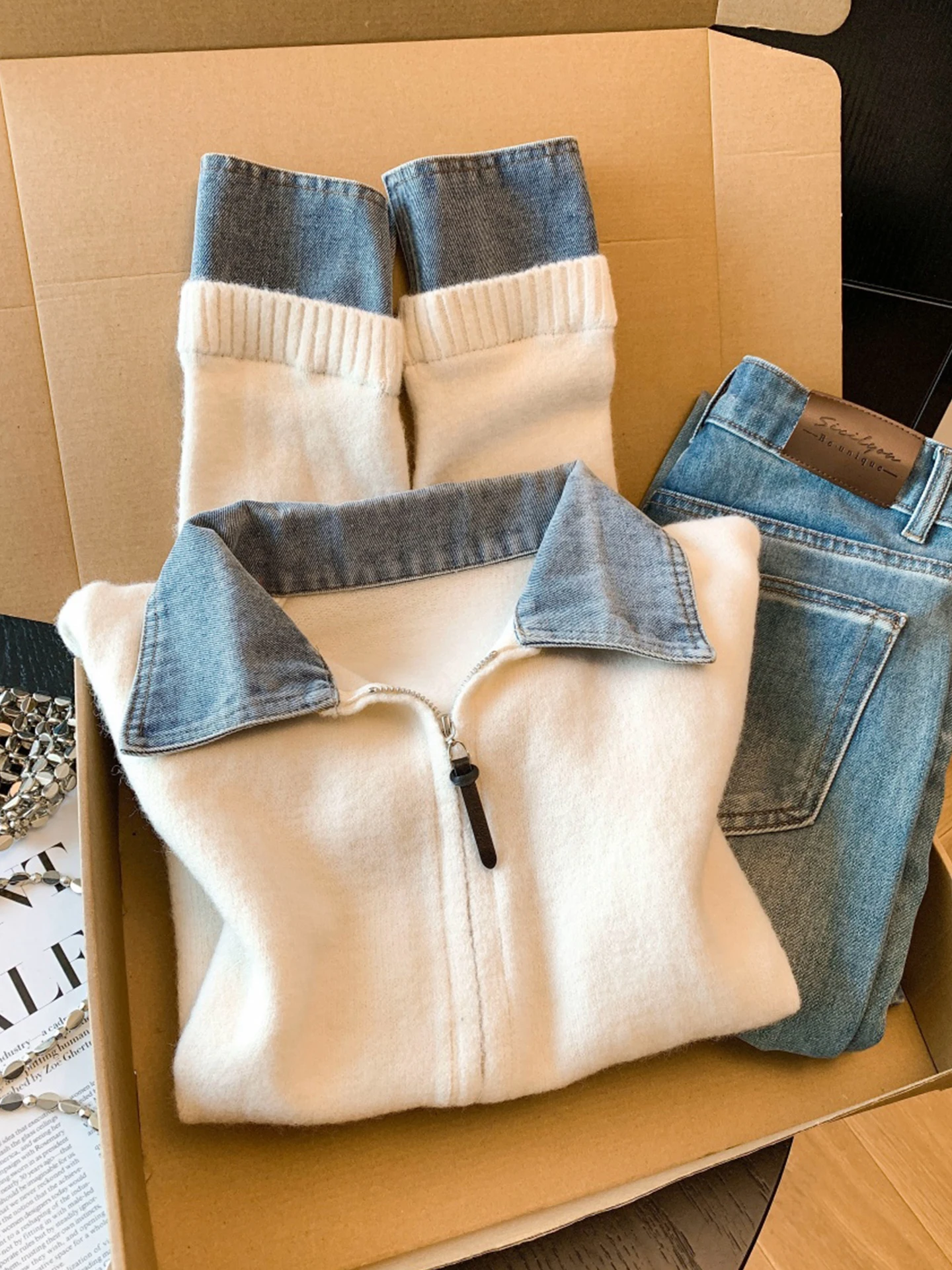 Sweter damski na jesień i zimę, dzianinowy, z denimowym kołnierzem, łączony, kardigan, nowy, elegancki, do pracy, dopasowany...