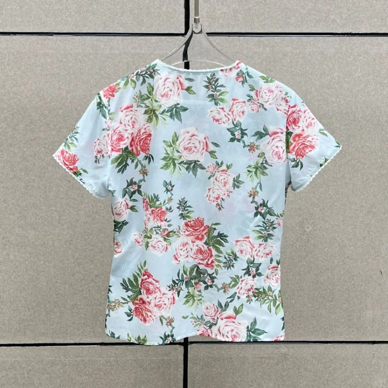New Summer Women's Round Neck Lace Trim Silk Blend Short Sleeve T-Shirt High Quality Fashion Printed Stretch Slim Fit Sheer Top