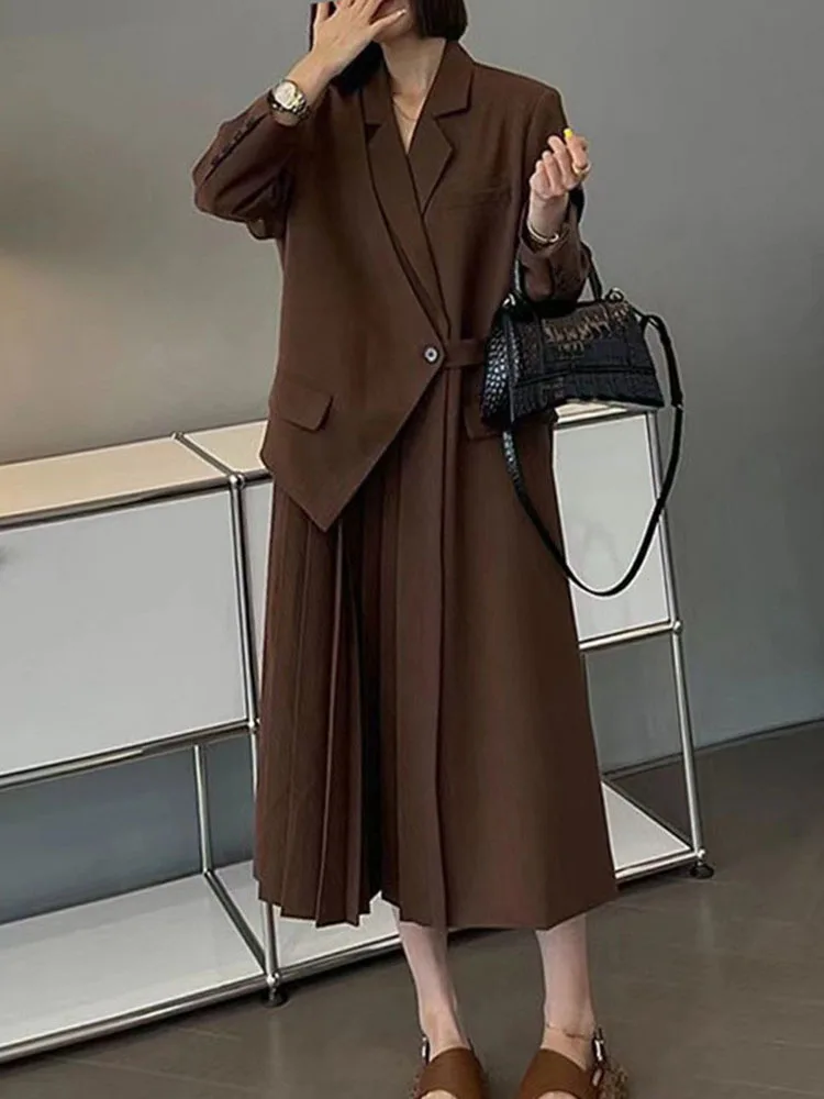 BZVW Vintage Fake Two Piece Pleated Blazers Dresses Women\'s 2023 Autumn New Loose Temperament Casual Dress Female Tide 25X3552