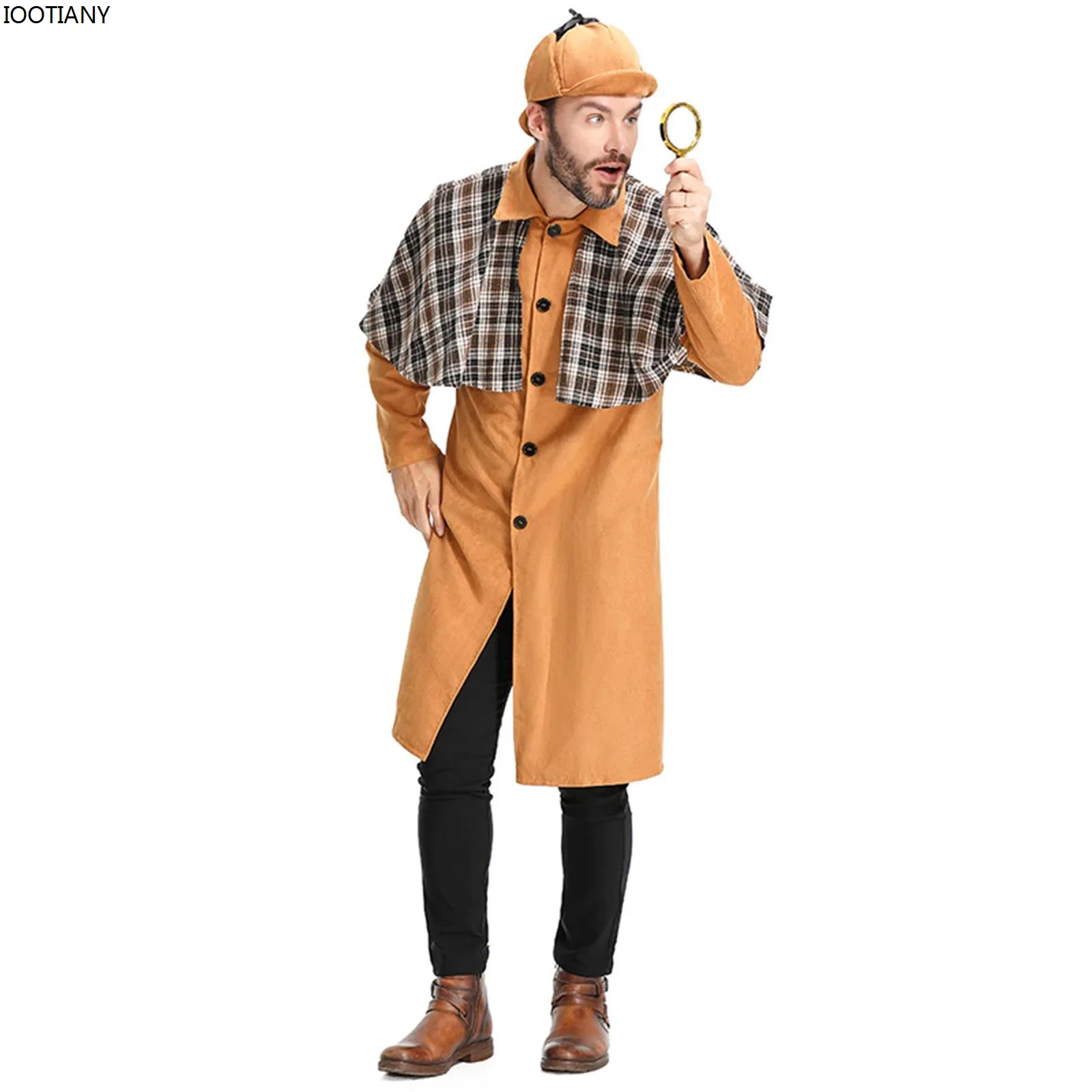 Anime Adult Men Plaid Cape Detective Cosplay Costume Khaki Jacket Doctor Who Outfit With Hat Halloween Reasoning Game Dress Up