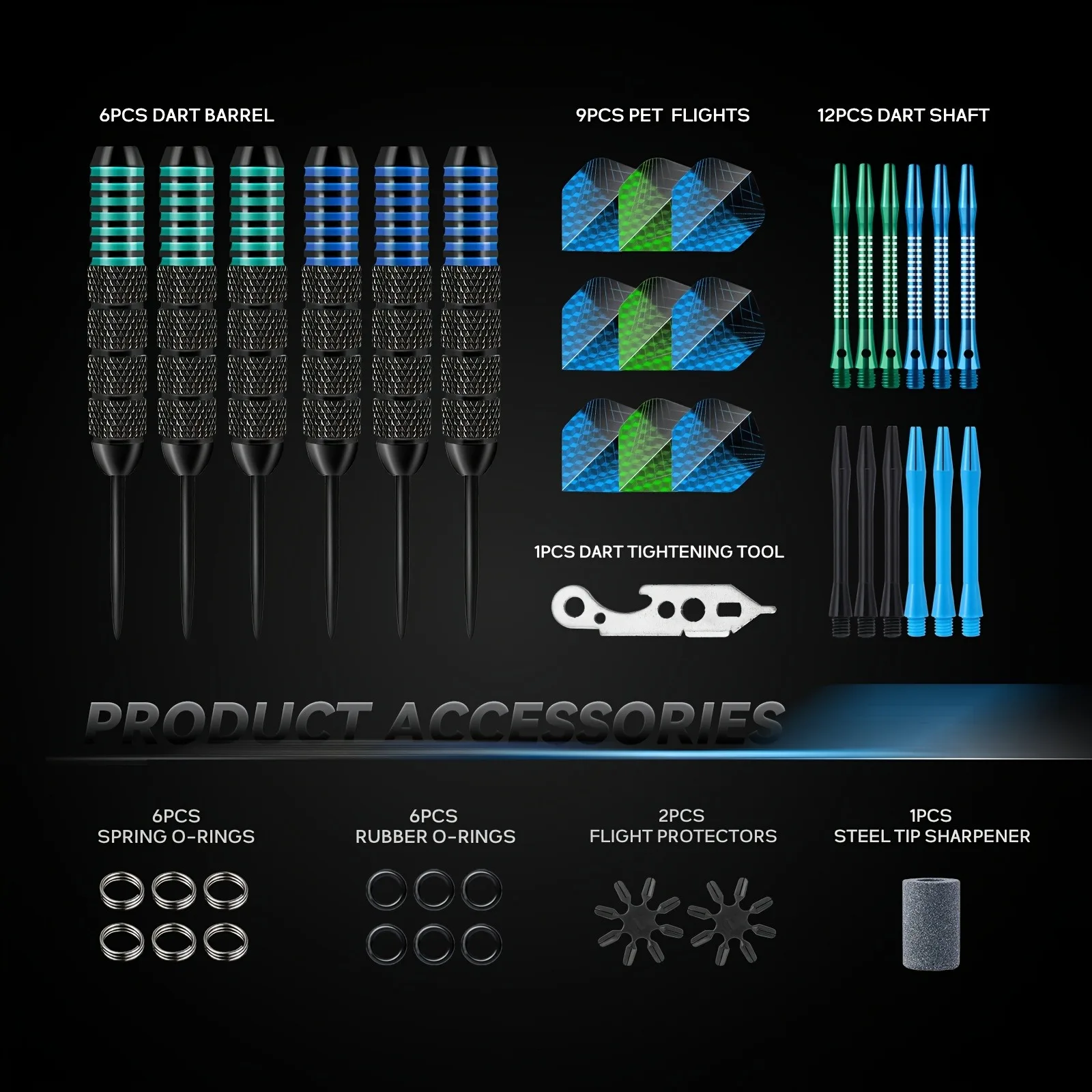 

6-Piece Dart Set - 24g Professional Darts, Including Spare Dart Shafts, Dart Wings, Sharpening Stone, and Other Dart Accessories