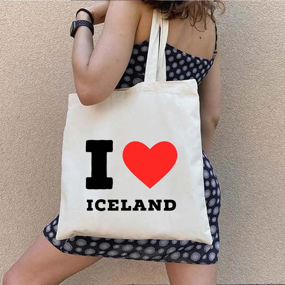 Reykjavik Iceland Heart Flag Coat of Arms Map Landmark Stamp Viking Shopper Harajuku Canvas Tote Bag Cotton Eco Shoulder Handbag