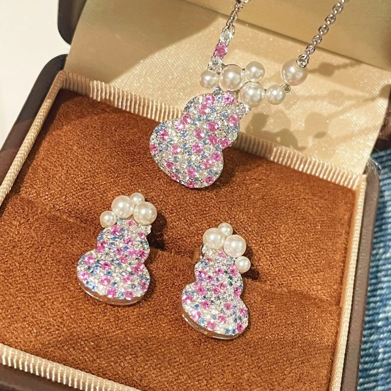 

BELLUX S925 Silver Synthetic Zircon Candy Color Pearl Gourd Earrings Summer Cute Sweet Fashion Necklace