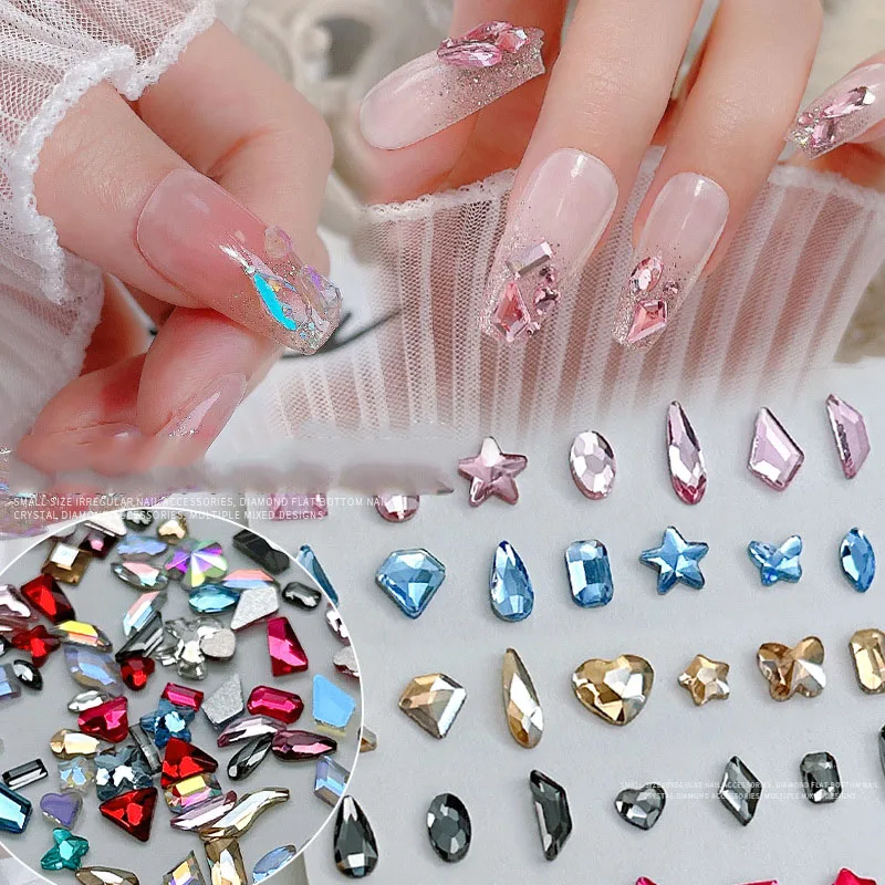 100Pcs Mini Mixed Nail Rhinestones Aurora Flat Crystal Irregular Diamonds AB White 3D Manicure Nail Art Decoration Charms Jewel