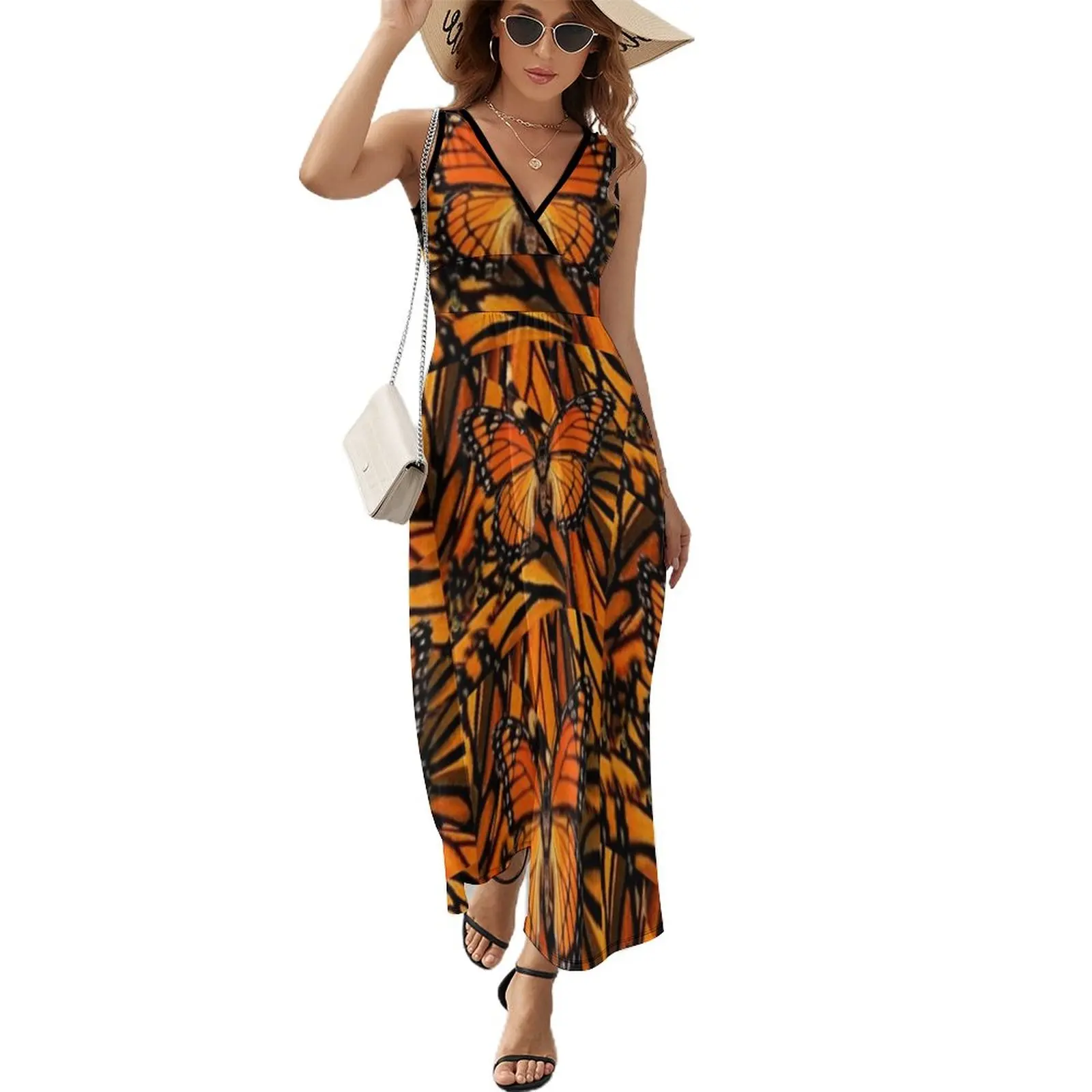 ORANGE MONARCH BUTTERFLY PATTERNED ARTWORK Sleeveless Dress Long dress elegant women\'s dresses sale evening dresses ladies