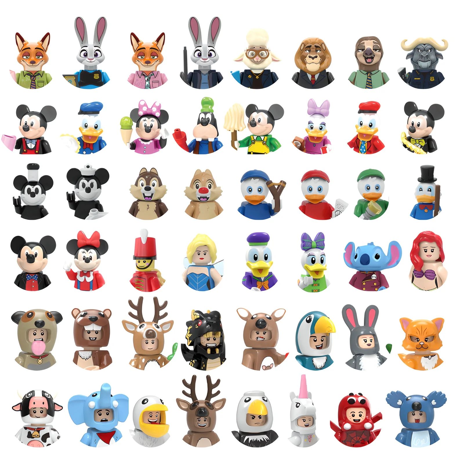 

Cartoon anime building block figures including Judy, Nick, Mickey Mouse, and Donald Duck characters, children's educational toys