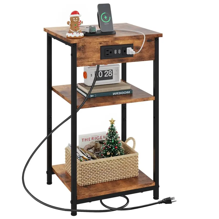 

Прикроватный столик с зарядной станцией, маленькая прикроватная тумбочка с 3 полками для хранения, приставные столики для небольших помещений, прикроватные тумбочки для гостиной