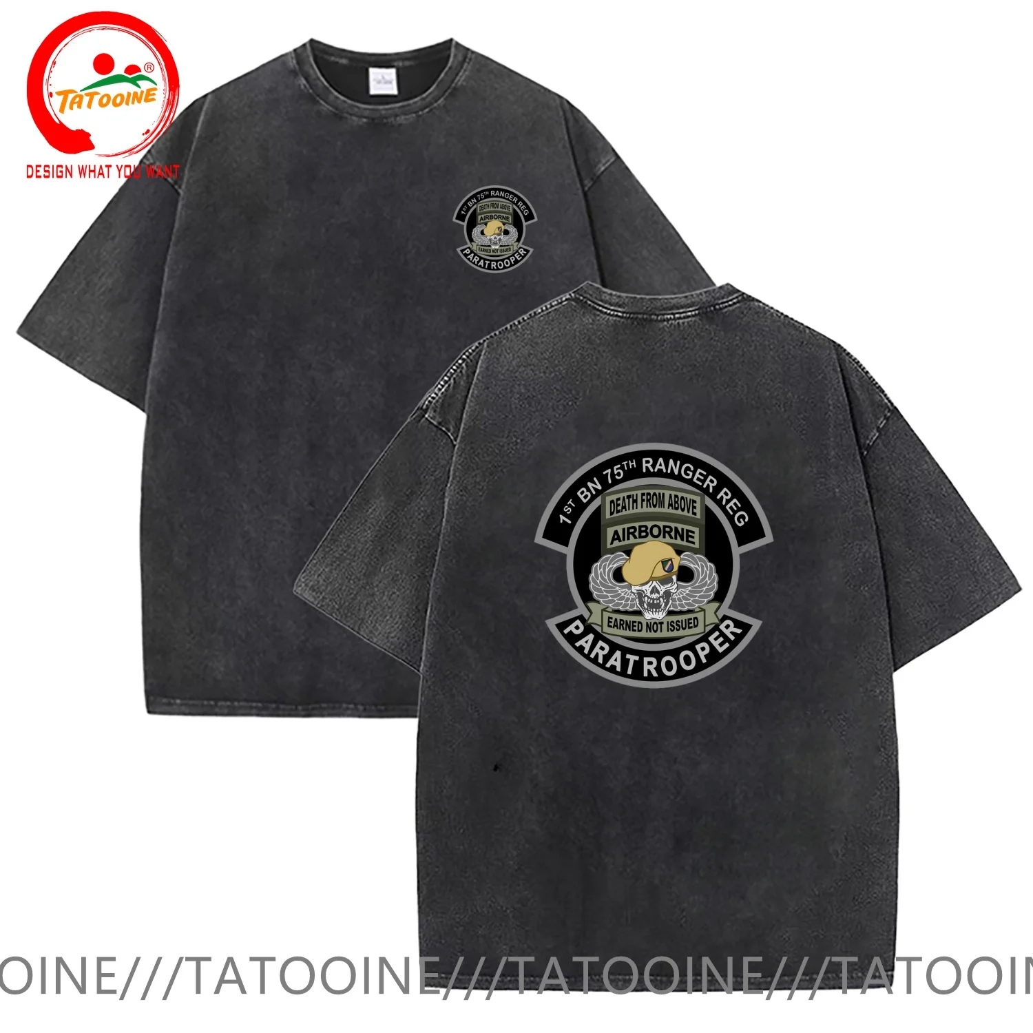 Vintage Washed Cotton T-Shirt Funny Designer US Army Airborne 1st BN 75th Ranger Reg Paratrooper T Shirt Men Fashion Trendy Casu