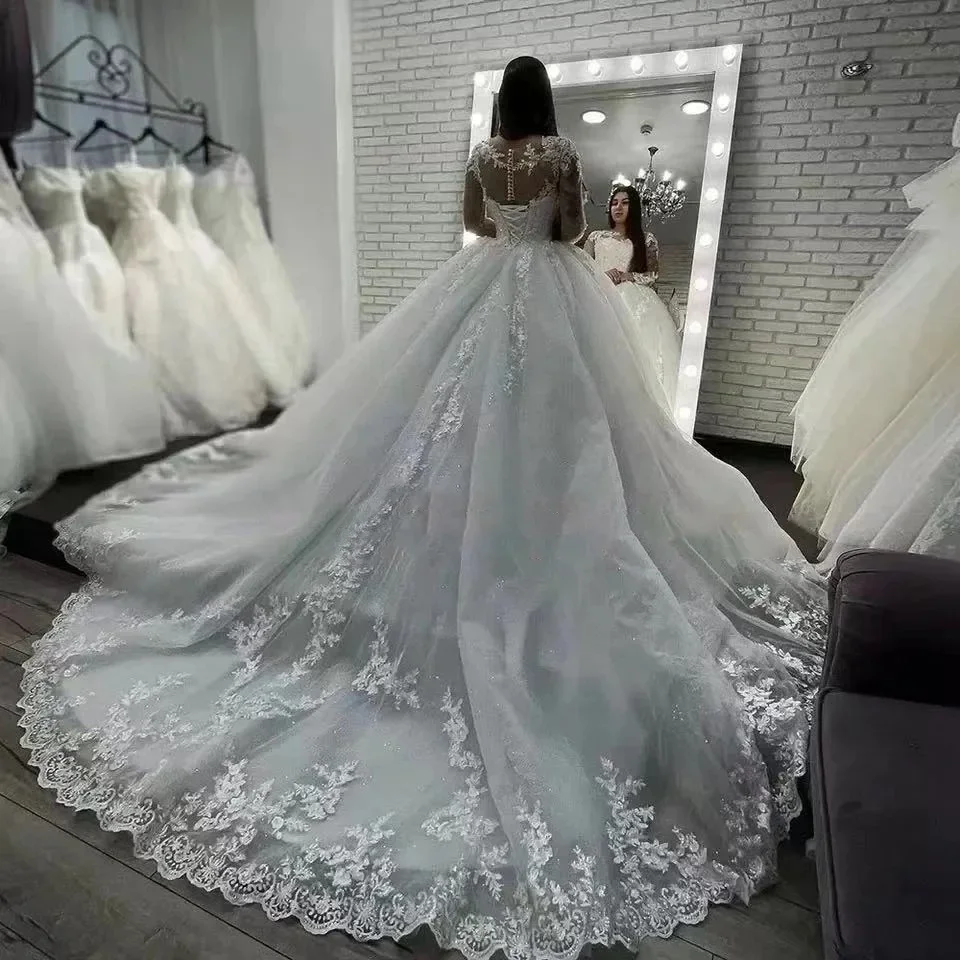 Flavinke personalizado ilusio mangas compridas vestidos de casamento princesa miçangas rendas apliques vestido de baile vestidos de noiva