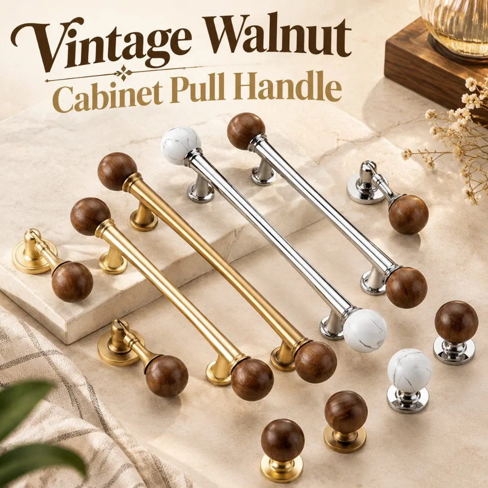 Vintage Walnut Cabinet Pull Handle French Style Marble Wood Drawer Knob Smooth Solid Wardrobe Door Handle Furniture Hardware