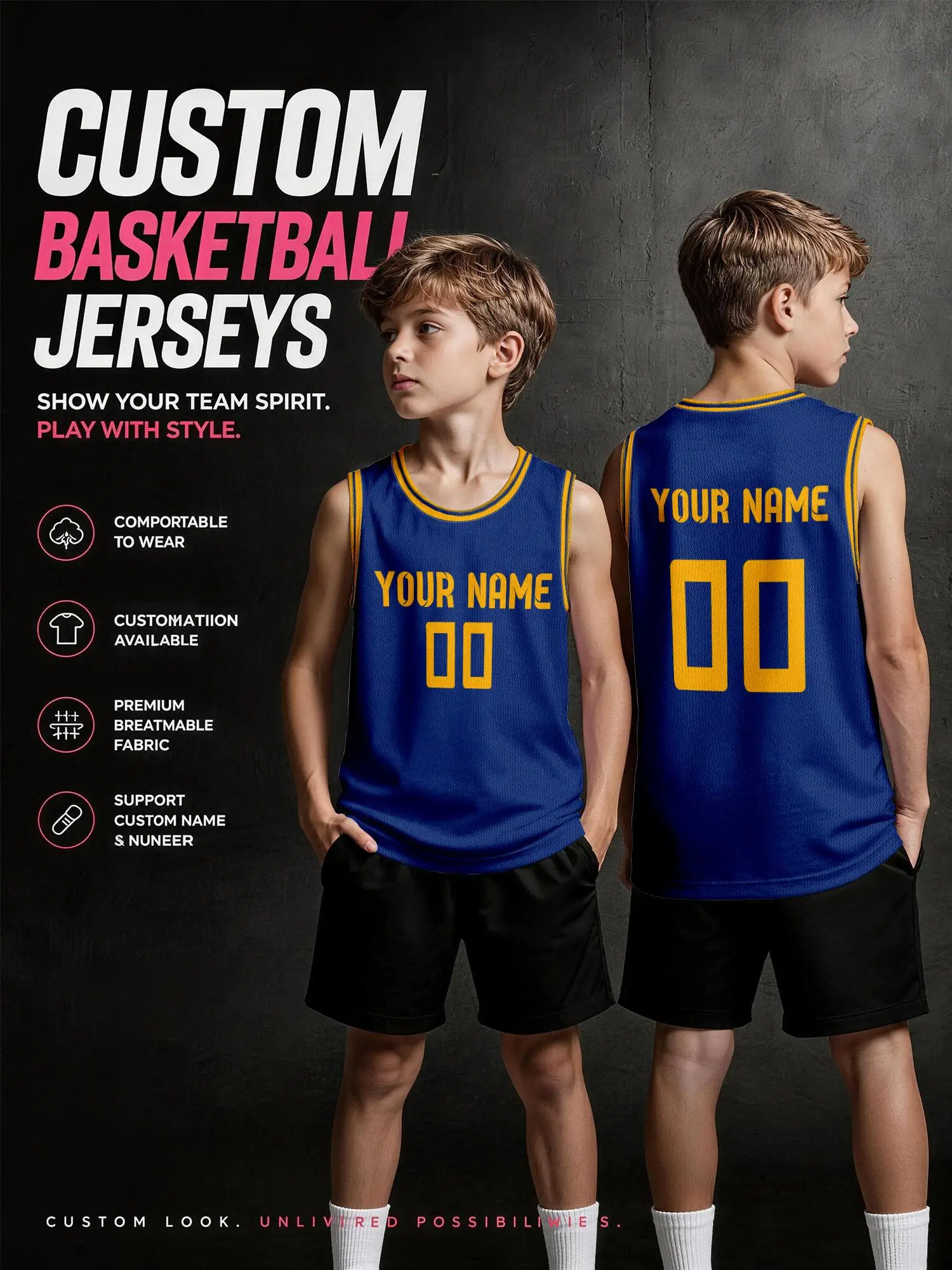 Royal‑Blue With Yellow Trim Custom Basketball Jersey, DIY Name & Number, Breathable Quick‑Dry Set For Adults & Kids