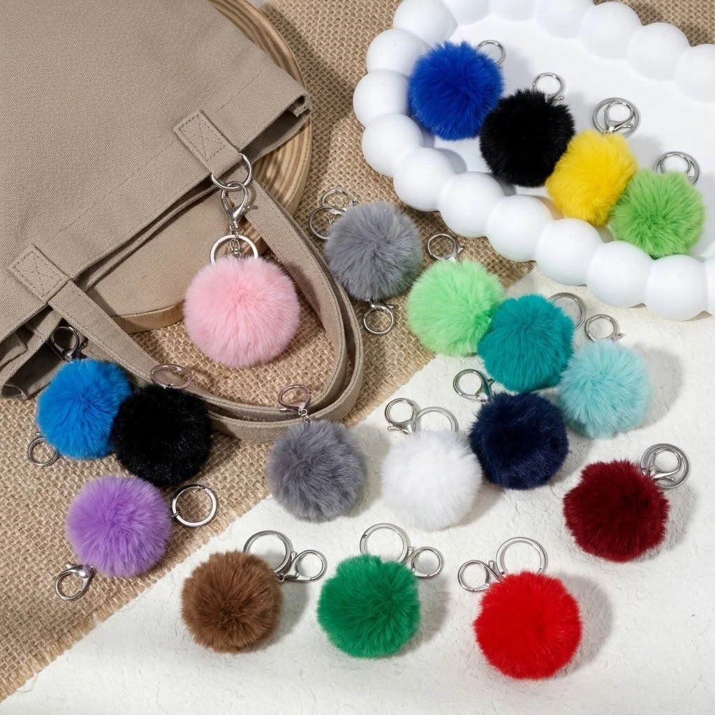1 Stück Flauschiger Fell-Haarball-Schlüsselanhänger, weicher Kunstfell-Kaninchenball, Auto-Schlüsselring, Pompon-Schlüsselanhänger, Schlüsselhalter, Damen-Taschenanhänger, Schmuck – Detail 1