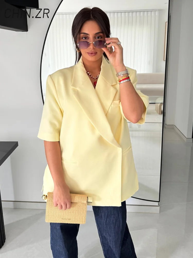 

Loose Women's One Button Blazers Solid Lapel Short Sleeve Pockets Female Suit Jackets 2025 Summer Lady Elegant Office Outwear