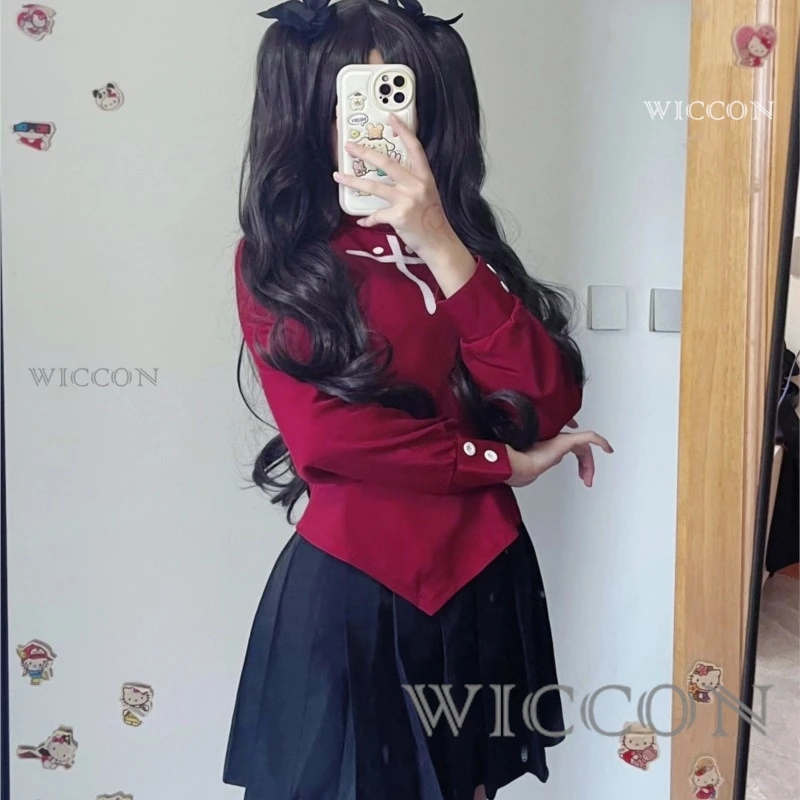 Fate Stay Night Tohsaka Rin Косплей Костюм Длинный Парик Красная Черная Юбка Комплект для Женщин Карнавальный Костюм Ролевые Игры Платья Хэллоуина