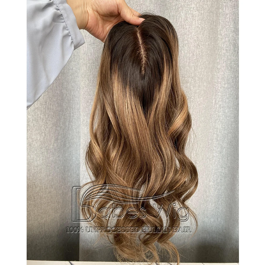 Balayage Virgin Human Hair Topper Silk Base for Thin Hair Natural Scalp Topper for White Women Toupee 13X15CM Wavy Hair Piece