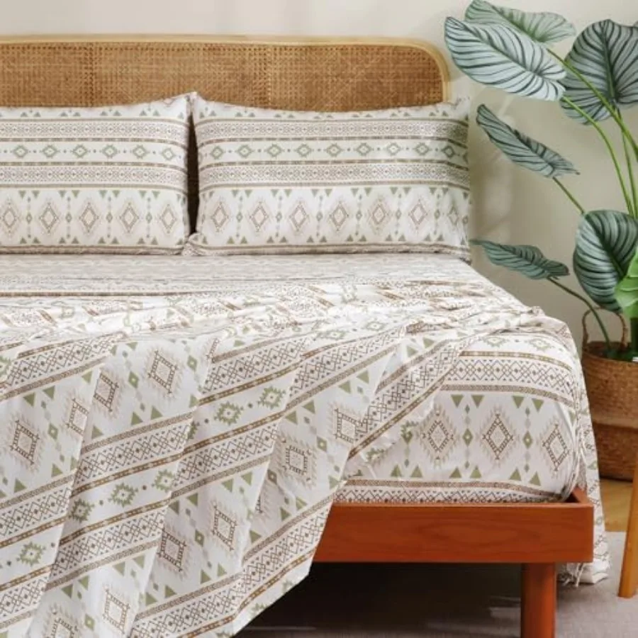 

4 Pieces Sheet Set Bohemian, Boho Sheets Soft Microfiber Deep Pocket, Western Sheets Geometric,Cream Olive Geometric