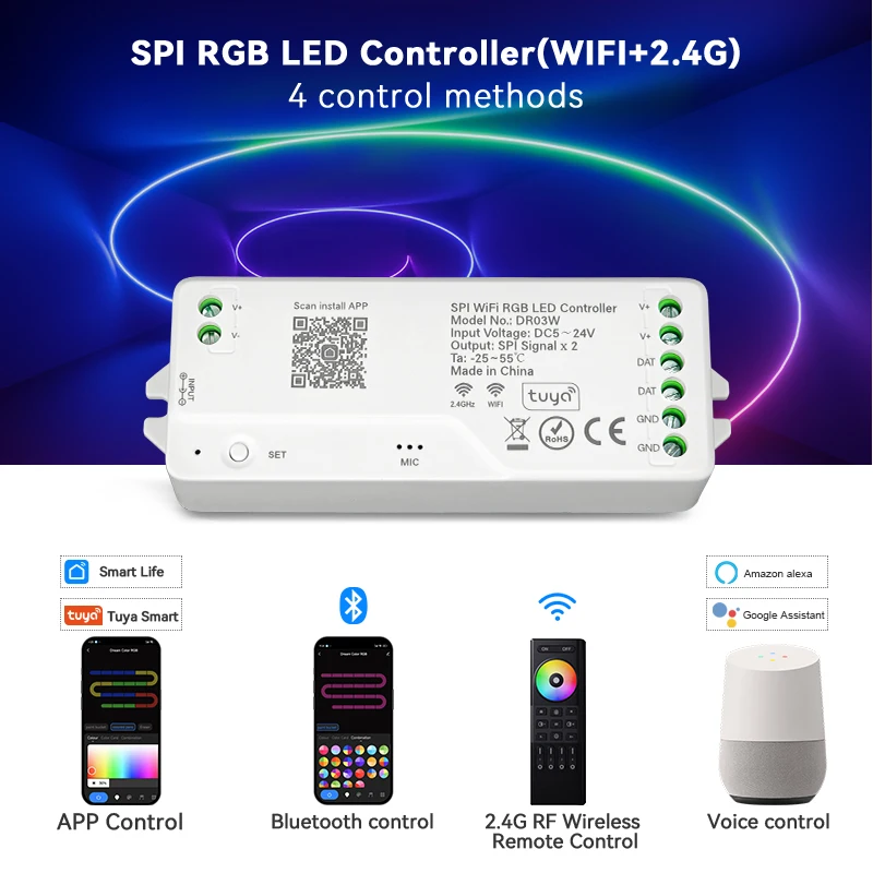 

Tuya Wifi SPI RGB Controller for LED Strip Light WS2812B WS2811 Addressable LED Tape Support Alexa Google Assistant Control