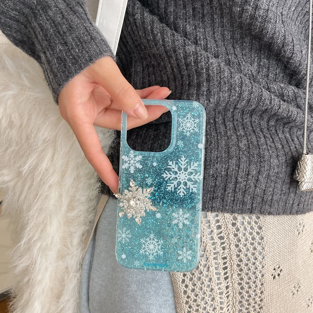 Simplicity Blue Glitter Transparent Rotate Snowflake Rhinestone Cover Case for iPhone 16 15 14 13 12 Pro Max Phone Case