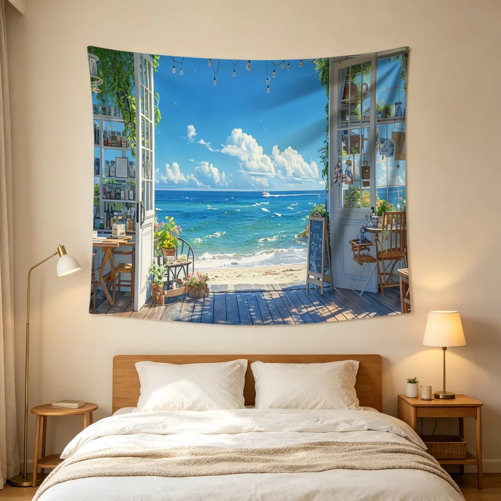 1PC Window Ocean View Print Backdrop Banner, Bedroom Living Room Photo Background, Polyester Wall Hanging, Home Decor, Wall Art