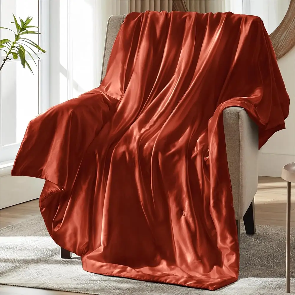 

Rust Orange Satin Throw Blanket - 90 X 90 Hes, Cooling Packable Lightweight Satin Blanket, Soft & Cozy Silky Throw Blanket For