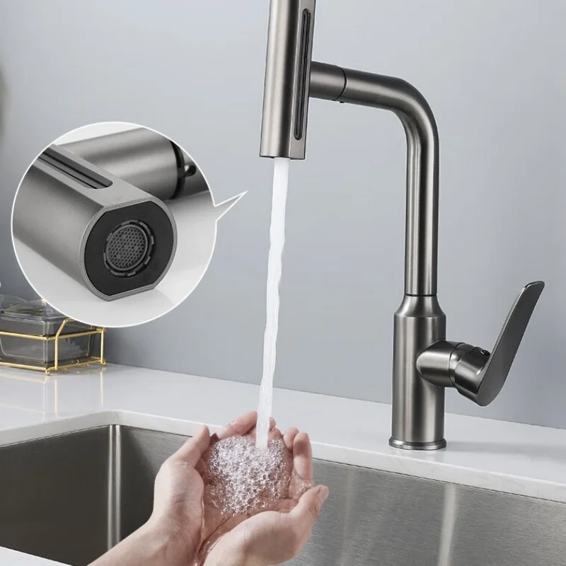 Grey Pull-Out Kitchen Faucet SUS304 Chrome Rotating Kitchen Tap Hot & Cold Sink Faucet  Sink Dishwasher Multifunctional Faucet