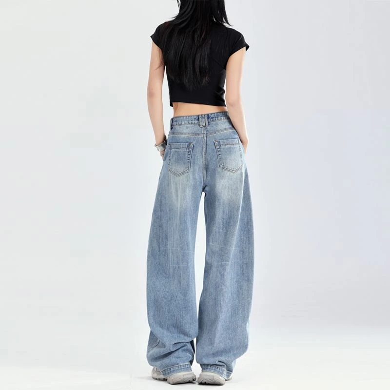 FINEWORDS Vintage Light Blue Korean Jeans Women Casual Harajuku Baggy Jeans Streetwear High Waist Wide Leg Banana Jeans