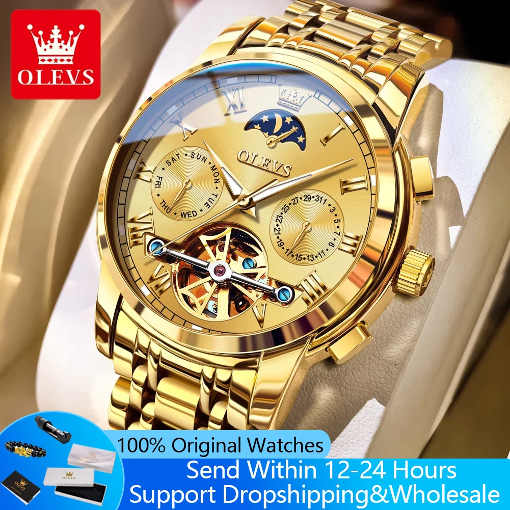 

OLEVS 6617, автоматические часы для мужчин, механические мужские часы с фазой Луны и полым скелетом, роскошные водонепроницаемые наручные часы с автоматической датой