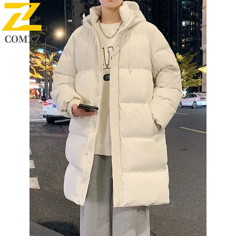 

COMXZ Пушистый пуховик 90, мужской зимний повседневный длинный легкий теплый простой пуховик с капюшоном на молнии, однотонные модные пальто