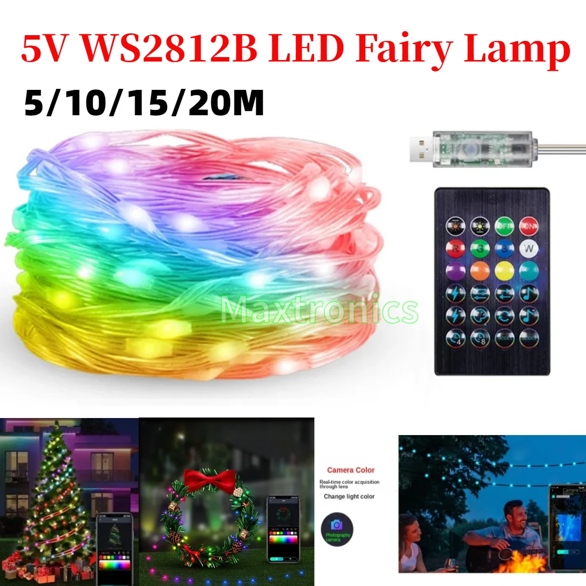 5-20M Fairy Ligh 5V WS2812 RGB LED String Lights Bluetooth Music Control USB Plug for Room Party DIY Decoration Colorful Rainbow