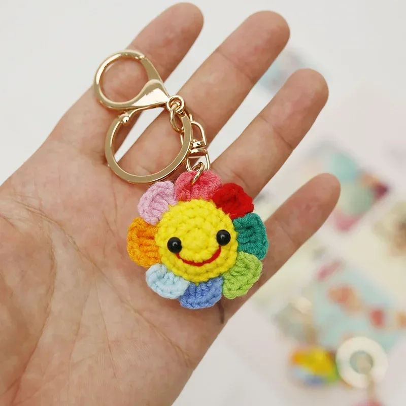 Handmade Cute Wool Sunflower Keychain Knitting Fiower Keychain Pendant Car Keys Keyring  Accessories Gift