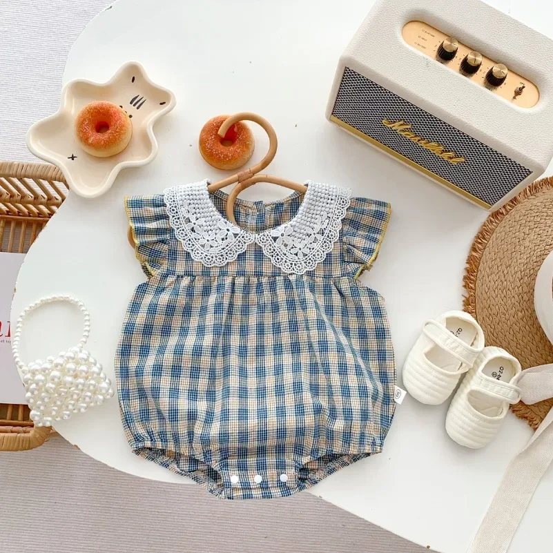 

0-24 Months Baby Girls Jumpsuit Summer Lacy Blue Plaid Short Sleeve Infant Bodysuit Baby Clothes Casual and Versatile Style