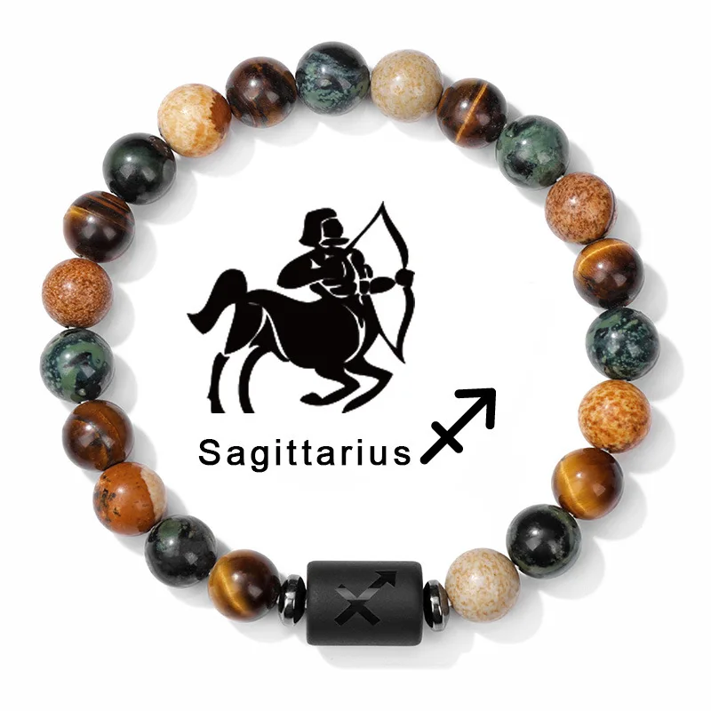 Pulsera de cuentas de 12 signos del zodiaco, pulsera de piedra con imagen de ojo de tigre Natural, pulsera de constelaciones para hombres y mujeres