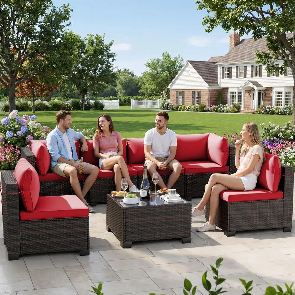 

7 Pieces Outdoor Patio urniture Sets,Rattan Contion Sectional Set,Manual Weaving Wicker Patio Soa with Tea Table
