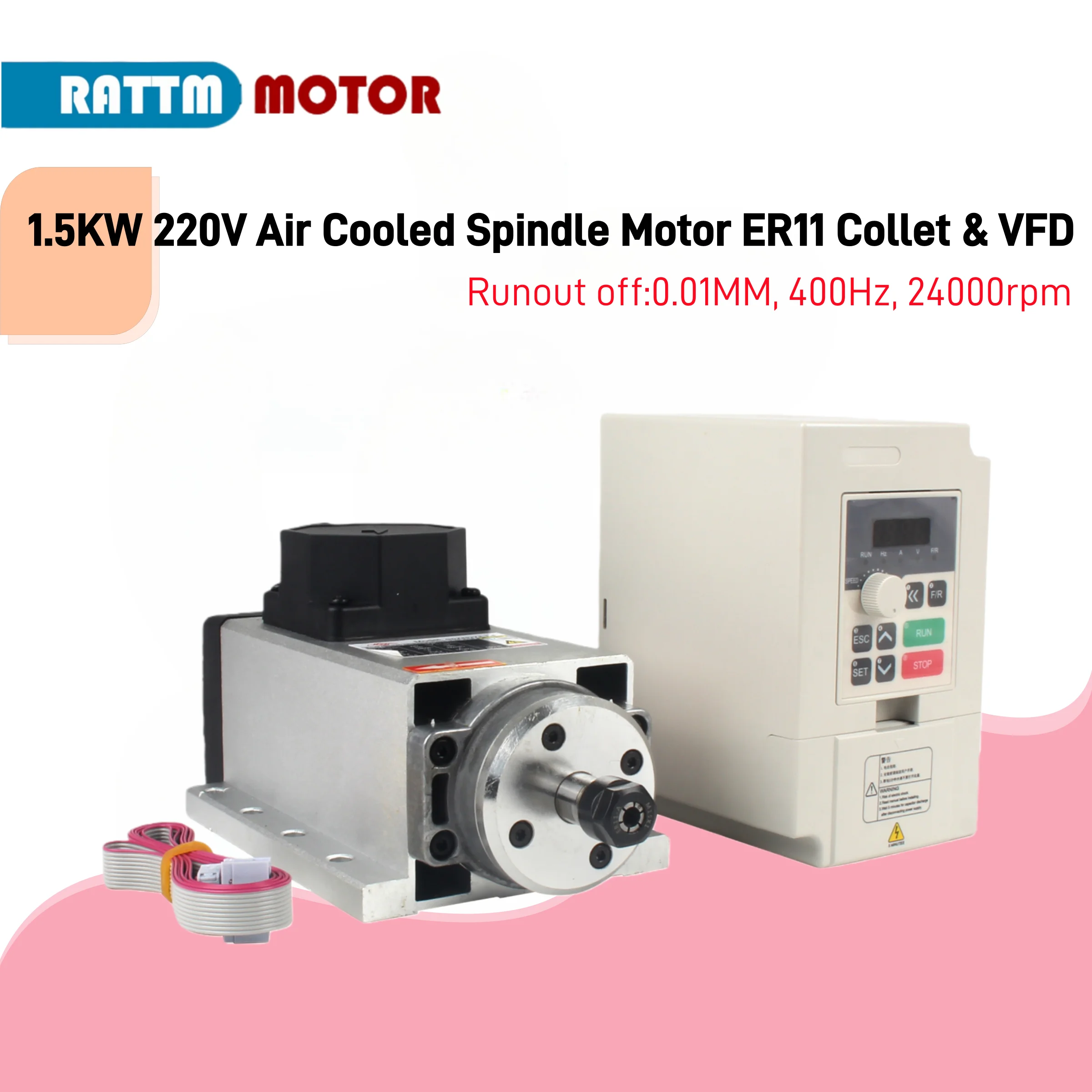 New CNC 1.5kw 220V Air-Cooled Spindle Kit 1500W Square Air Cooling Spindle Motor + 1.5KW VFD Inverter