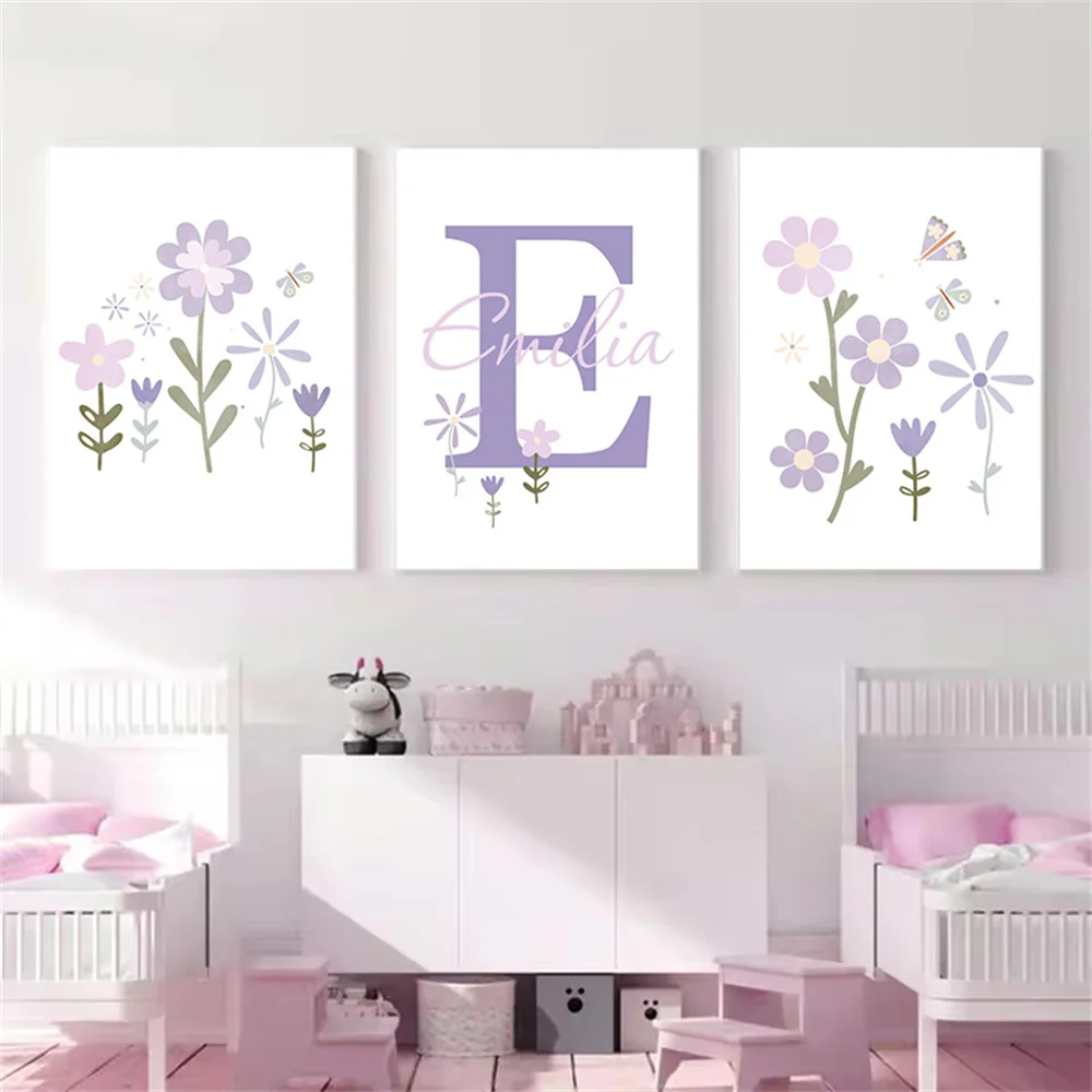 Baby Girl Name Custom Poster Purple Flower Canvas Art Painting Butterfly Print Nursery Wall Pictures Nordic Posters Home Decor