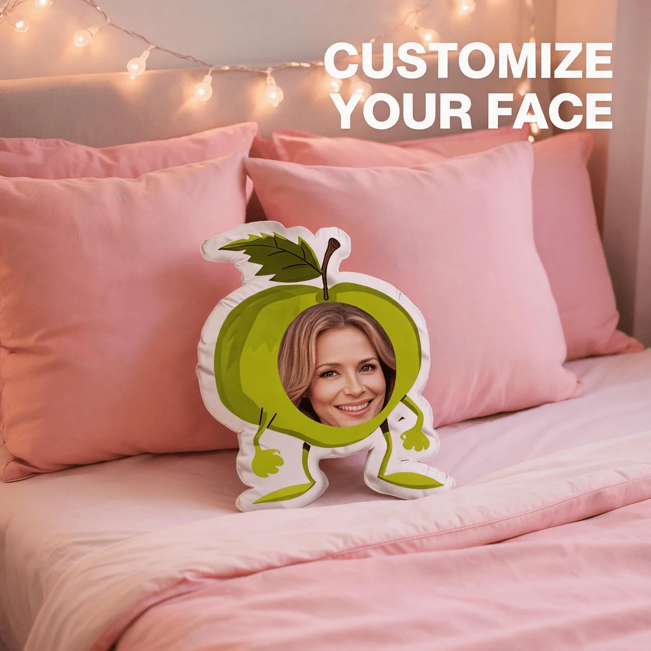 Personalized Photo Apple Pillow with Custom Face Insert - Soft Cushion Suitable for Sofa & Bed Decor, Green Apple-Shaped Gift fo