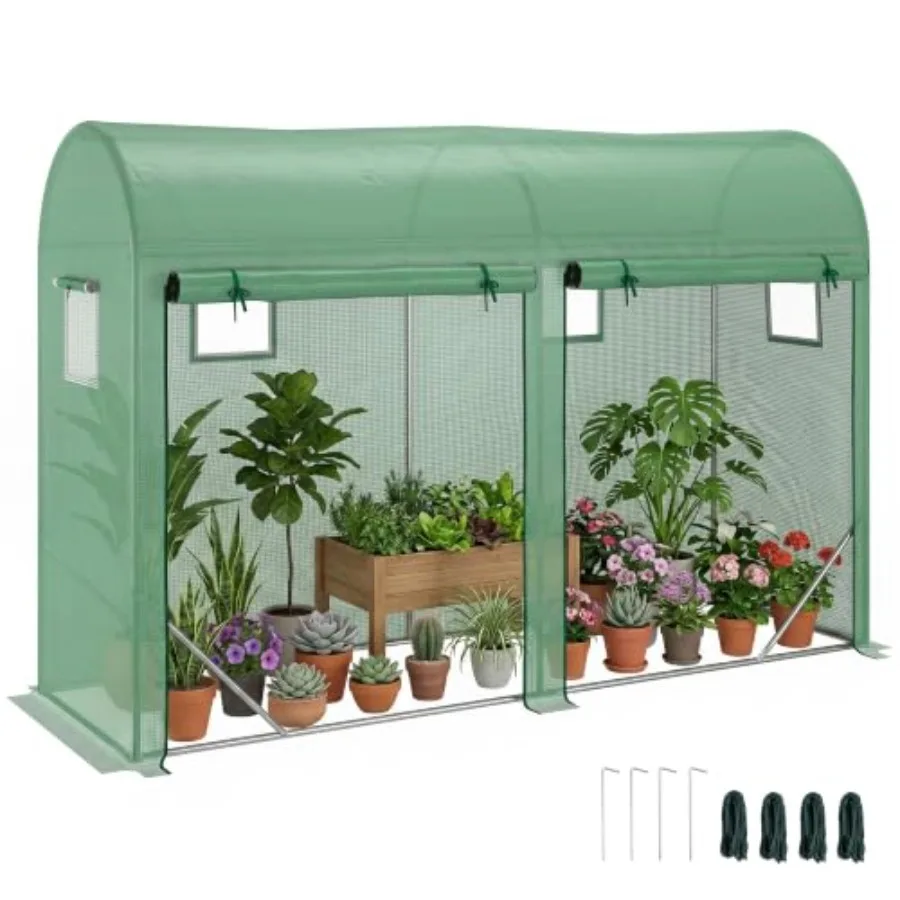 10' x 3' x 7' Walk-in Lean-to Greenhouse, Steel, 2 Doors Green
