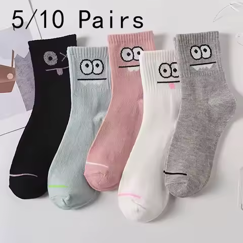 5/10 Pairs Women Cute Expression Printed Ankle Socks Comfort Interesting Spring Autumn Medium Tube Sock Kawaii Girls Short Socks
