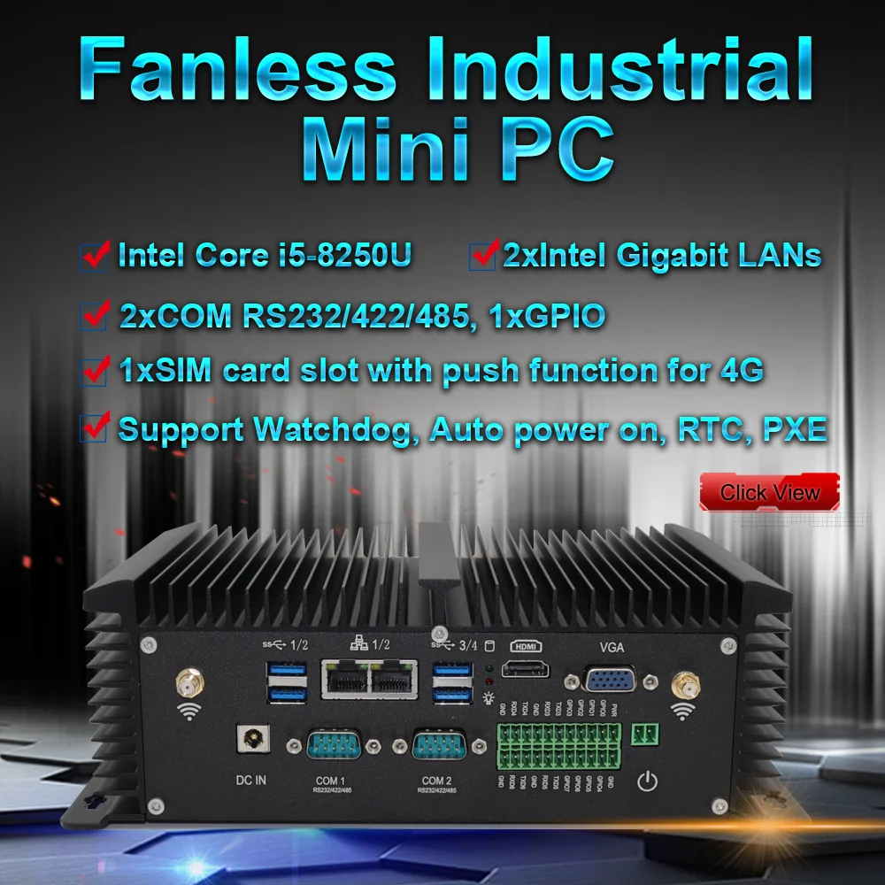 Eglobal Industrial Fanless Mini PC Intel Core i5 8250U i7 7500U Computer Desktop Lapto Linux Ubuntu 2 * COM 8 * USB 2 * LAN HDMI VGA
