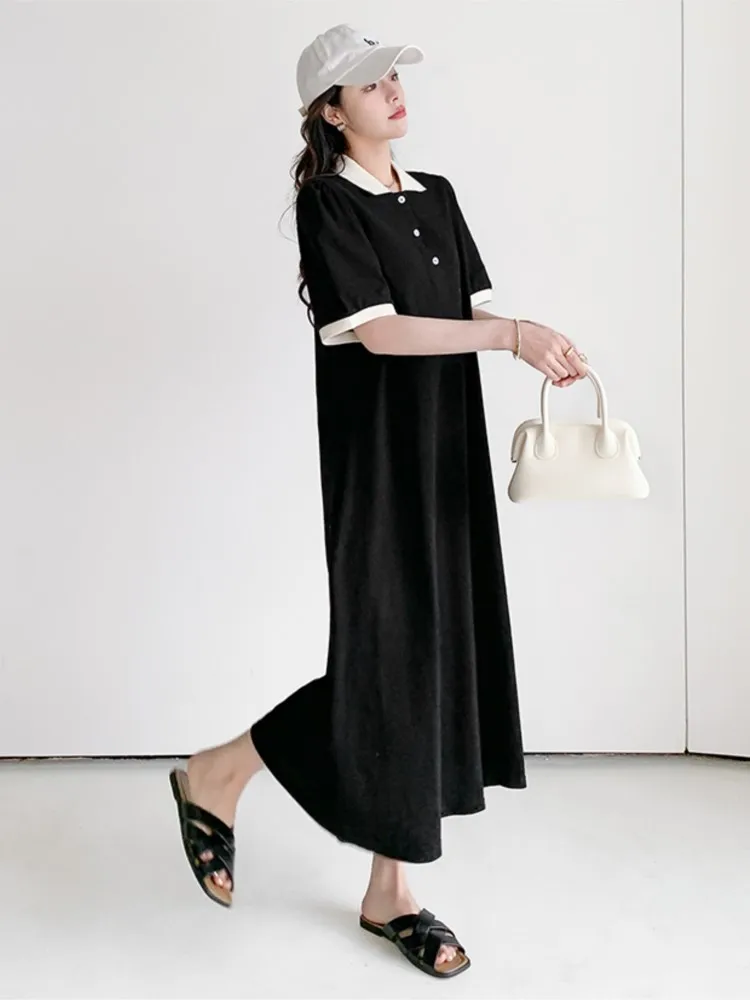 Summer Plus Size Shirt Dress Women Korean Edition Loose Solid POLO Neck Short Sleeve Ladies A-line Dresses Vestidos