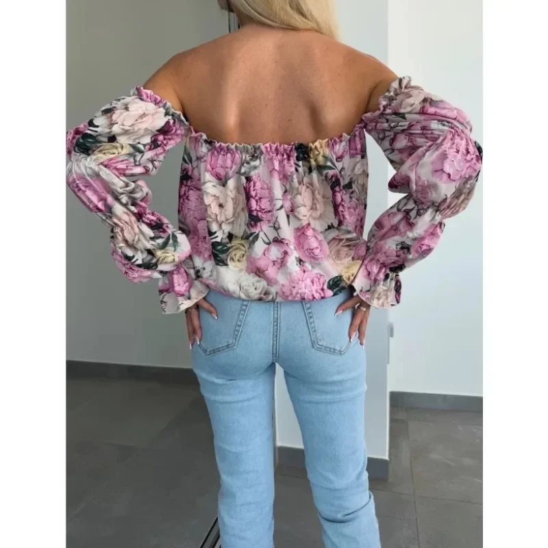 المرأة الجديدة أزياء معطلة الكتف طوق الأزهار المطبوعة قميص بلوزة السيدات الخصر جمع طويلة الأكمام مقنعين قميص