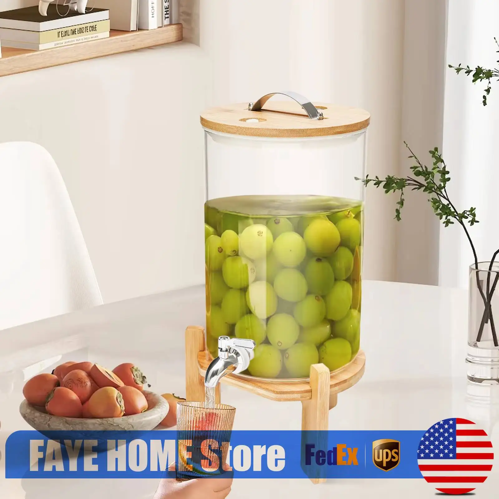 

Диспенсер для напитков, диспенсер для напитков объемом 7,5 л с деревянной подставкой, боросиликатное стекло, нержавеющая сталь 304