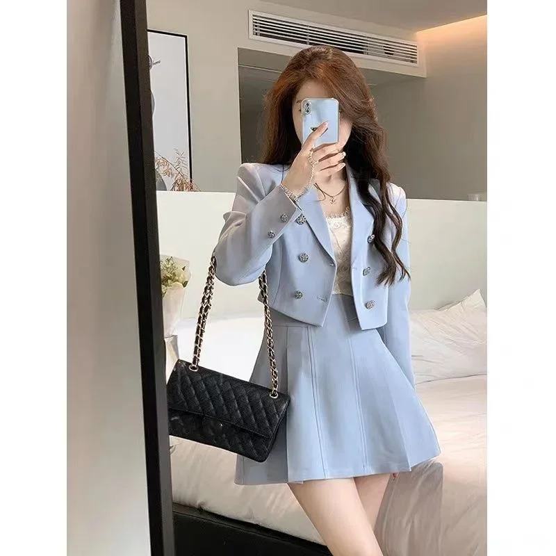 Women Spring Summer Short Blazers Mini Skirts 1 or Two Piece Set 2024 Korean Preppy Style Blue Suit Jacket A-Line Skirt Outfits