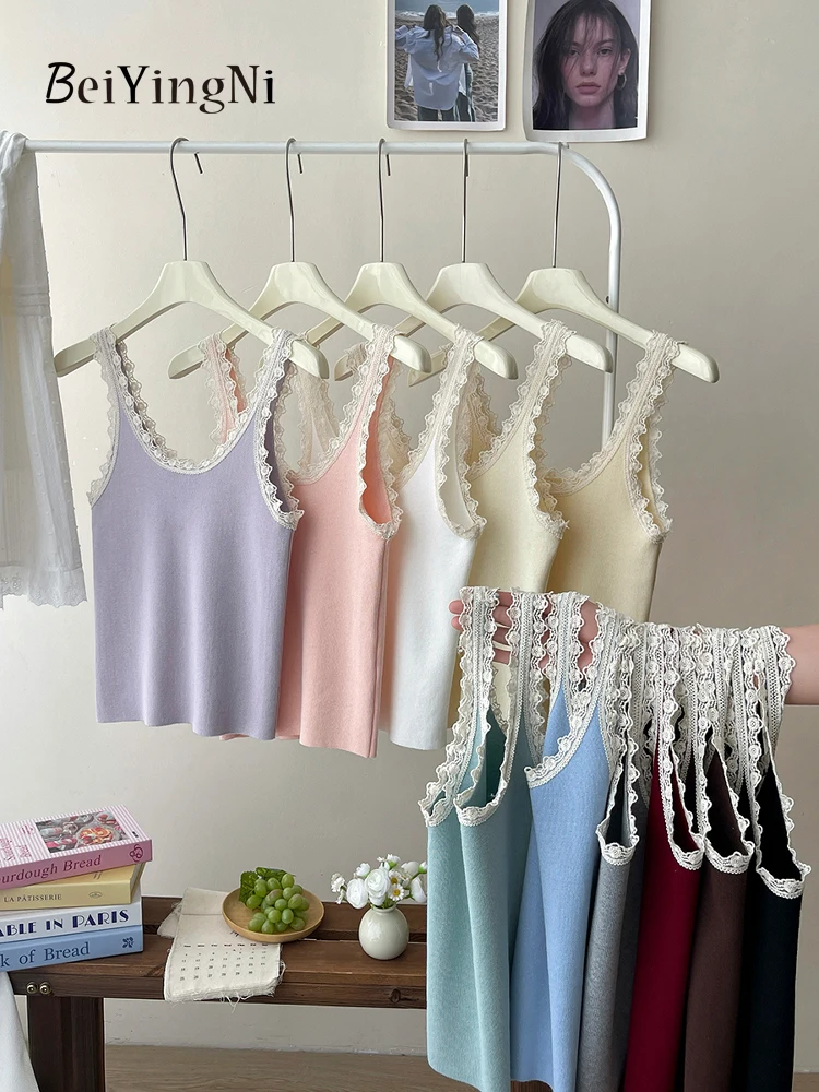 

Beiyingni Sexy French Women's Tank Tops Lace Patchwork Slim Fit Knitted Camis Female Sweet Outwear Korean High Street Strap Top
