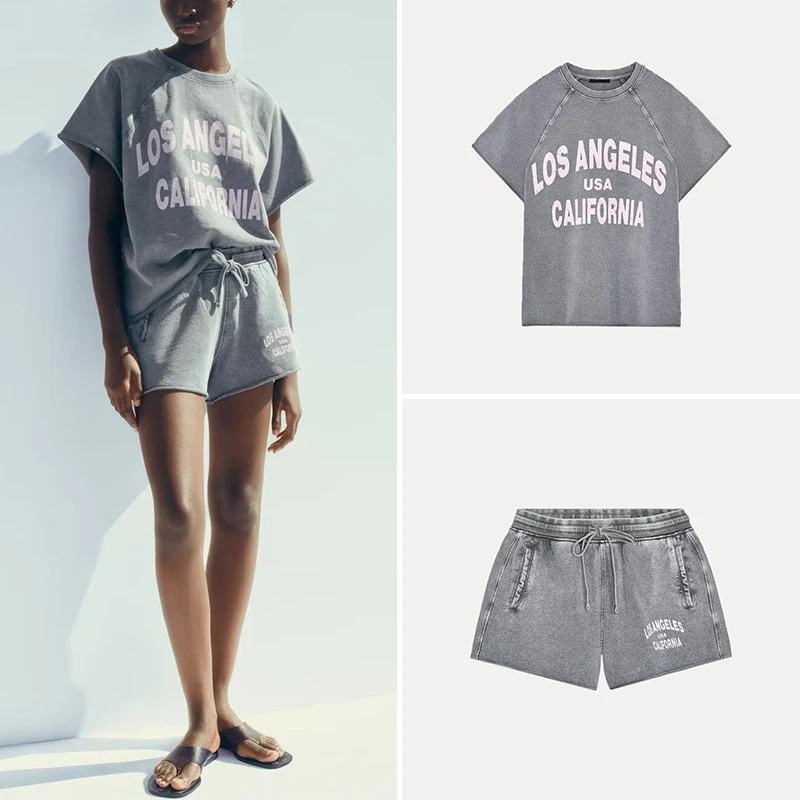 

2025 Spring New Women's Printed Washed Effect Fleece Sweatshirt And Shorts Set Polyester Fiber Fashionable Ladies' Outfit